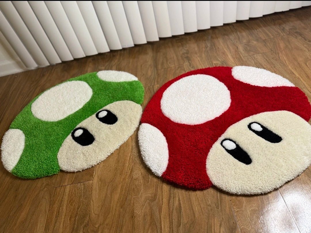 Super Mario bros custom mushroom tufted premium rugs - green and red next to each other side view